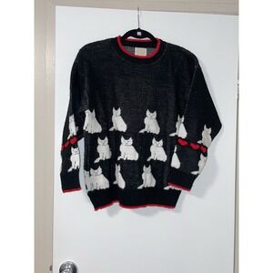 Vintage cat lady sweater 90's Black And White With Red Hearts Made In USA
